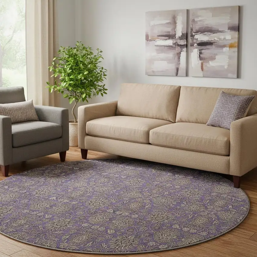 8' Purple And Beige Floral Washable Round Rug With UV Protection Photo 1
