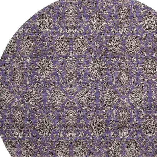 8' Purple And Beige Floral Washable Round Rug With UV Protection Photo 2