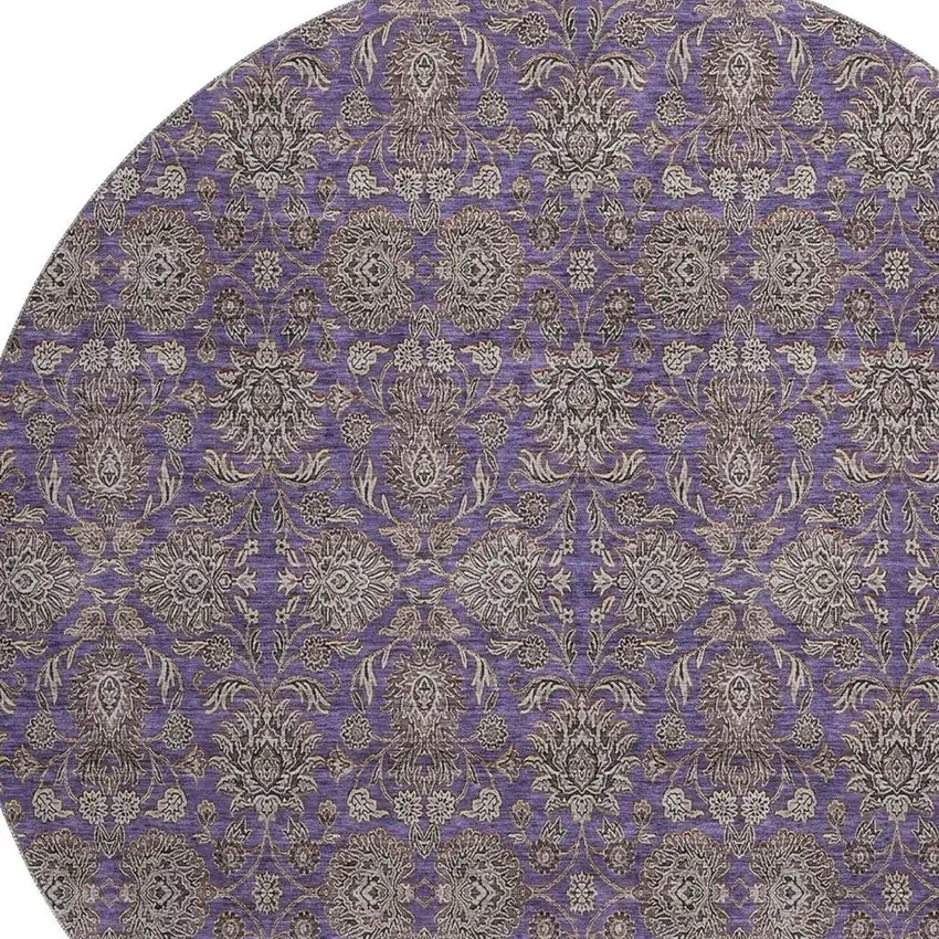 8' Purple And Beige Floral Washable Round Rug With UV Protection Photo 2