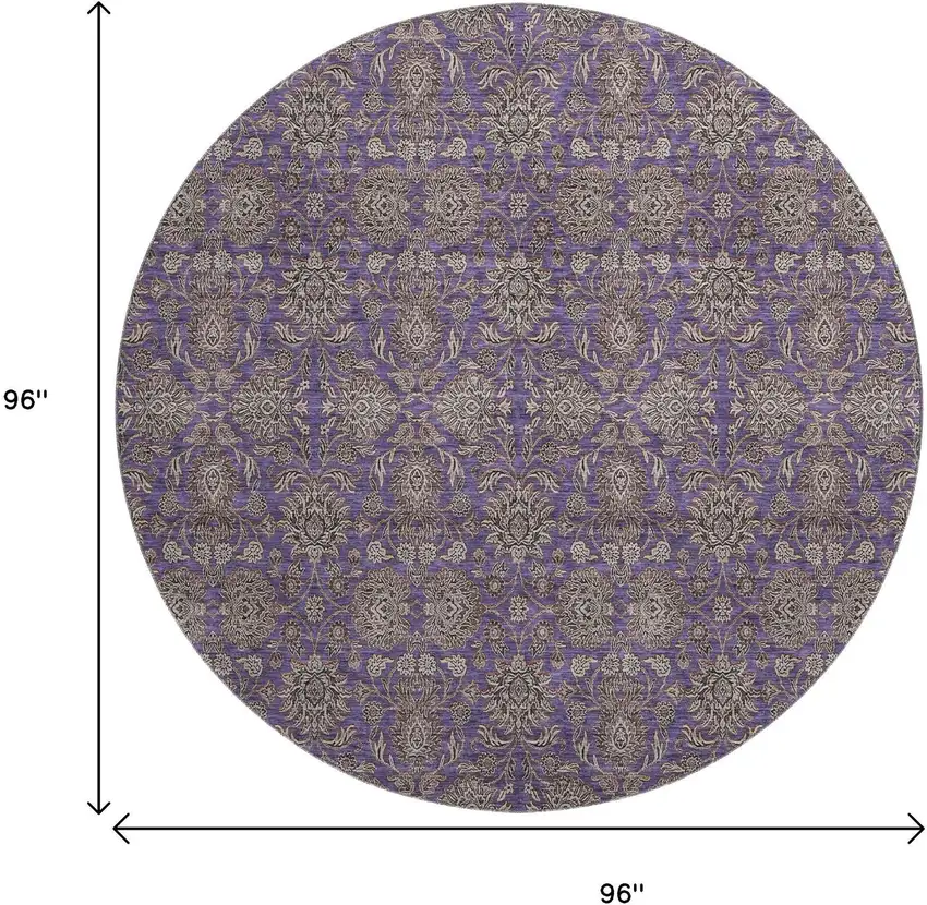 8' Purple And Beige Floral Washable Round Rug With UV Protection Photo 9