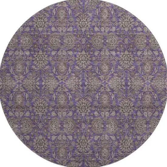 8' Purple And Beige Floral Washable Round Rug With UV Protection Photo 3