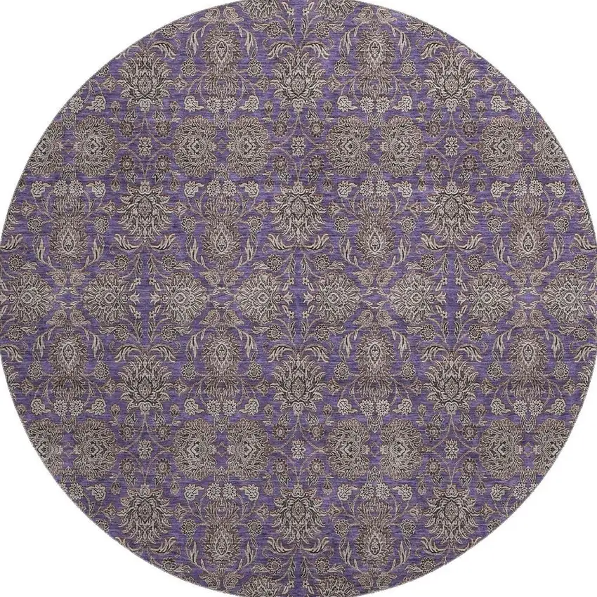 8' Purple And Beige Floral Washable Round Rug With UV Protection Photo 3