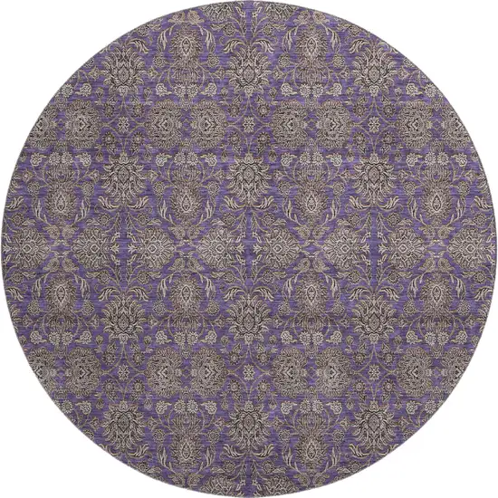 8' Purple And Beige Floral Washable Round Rug With UV Protection Photo 1