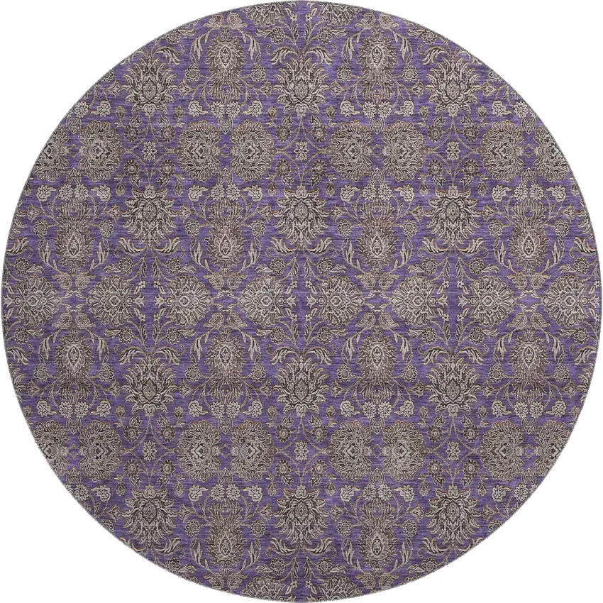 8' Purple And Beige Floral Washable Round Rug With UV Protection Photo 1