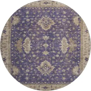 Photo of 8' Purple And Beige Oriental Washable Round Rug With UV Protection