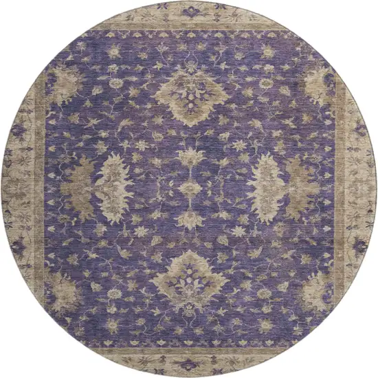 8' Purple And Beige Oriental Washable Round Rug With UV Protection Photo 1