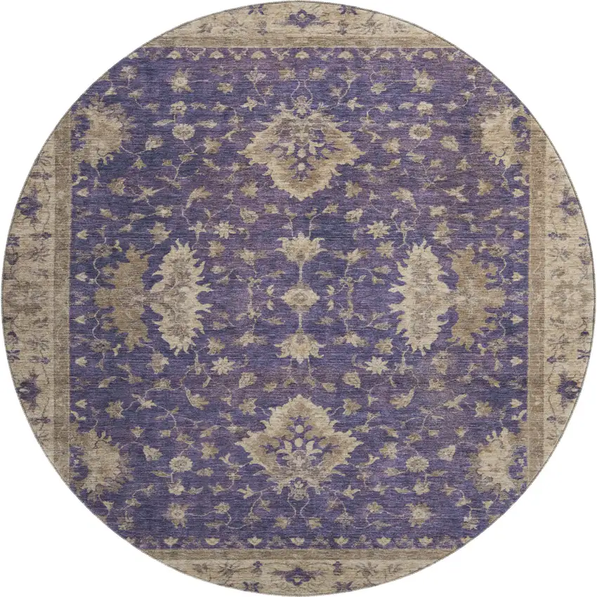 8' Purple And Beige Oriental Washable Round Rug With UV Protection Photo 1