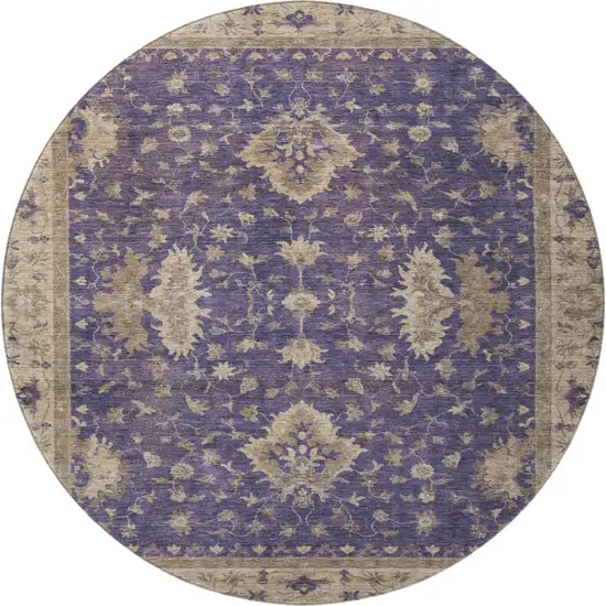 8' Purple And Beige Oriental Washable Round Rug With UV Protection Photo 3