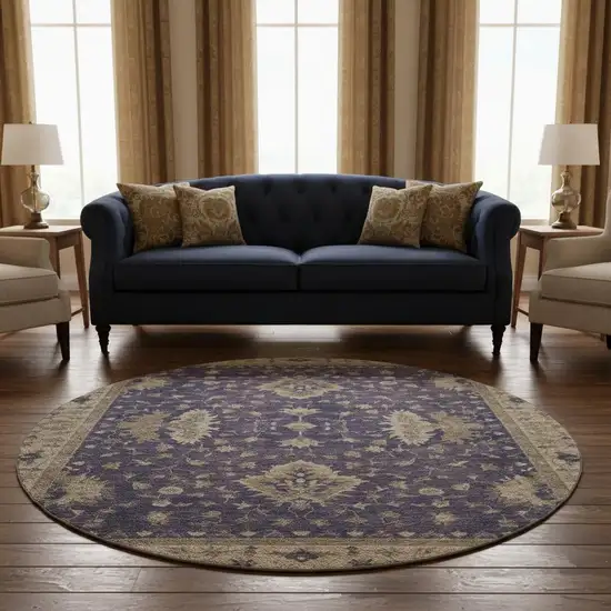 8' Purple And Beige Oriental Washable Round Rug With UV Protection Photo 2
