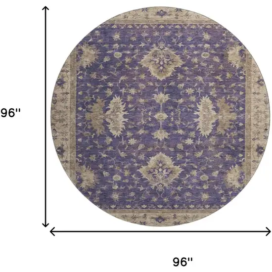 8' Purple And Beige Oriental Washable Round Rug With UV Protection Photo 9