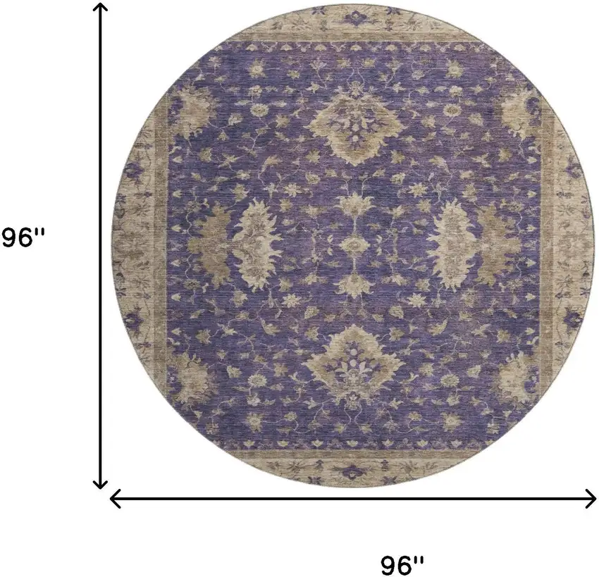 8' Purple And Beige Oriental Washable Round Rug With UV Protection Photo 9