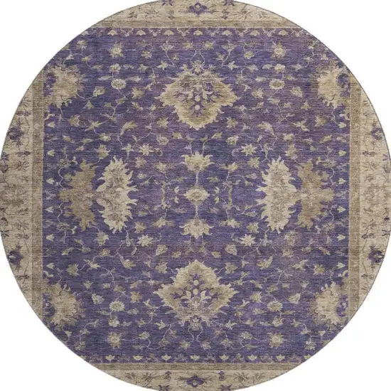 8' Purple And Beige Oriental Washable Round Rug With UV Protection Photo 2