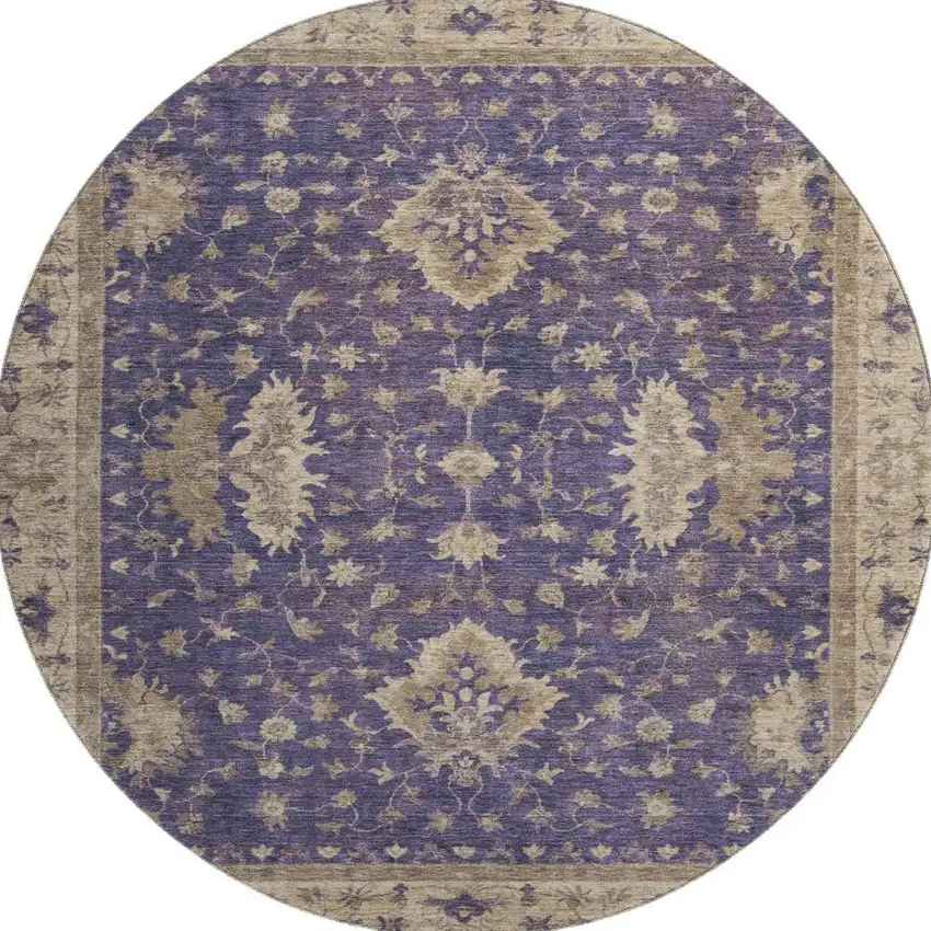 8' Purple And Beige Oriental Washable Round Rug With UV Protection Photo 2