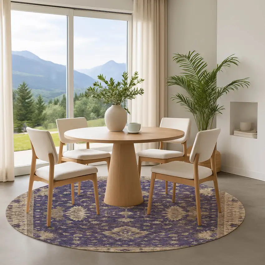 8' Purple And Beige Oriental Washable Round Rug With UV Protection Photo 4