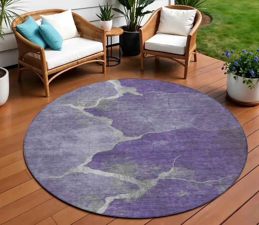 8' Purple And Beige Round Abstract Washable Indoor Outdoor Area Rug Photo 2