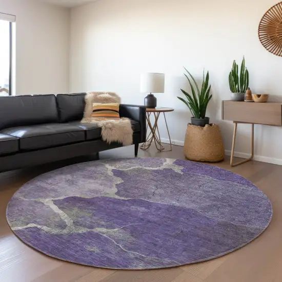 8' Purple And Beige Round Abstract Washable Indoor Outdoor Area Rug Photo 6