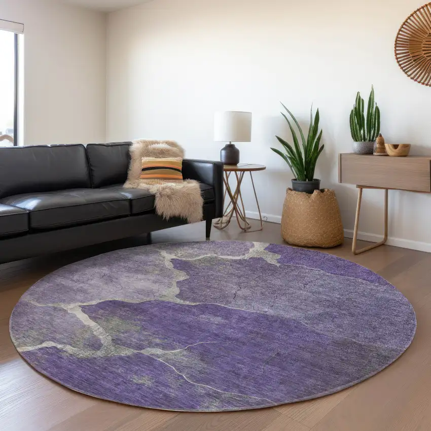 8' Purple And Beige Round Abstract Washable Indoor Outdoor Area Rug Photo 6