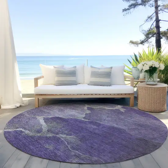 8' Purple And Beige Round Abstract Washable Indoor Outdoor Area Rug Photo 5