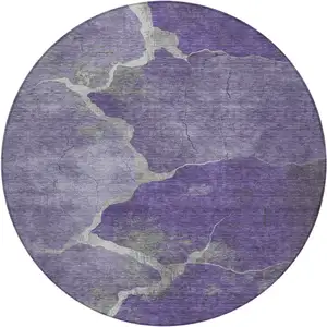 Photo of 8' Purple And Beige Round Abstract Washable Indoor Outdoor Area Rug