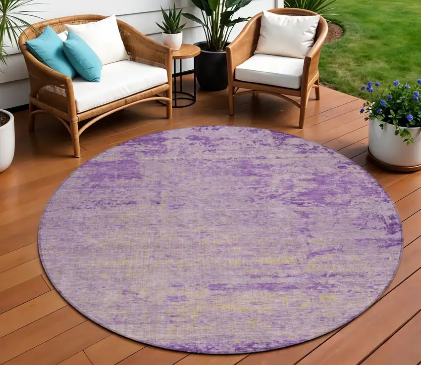 8' Purple And Beige Round Abstract Washable Indoor Outdoor Area Rug Photo 2