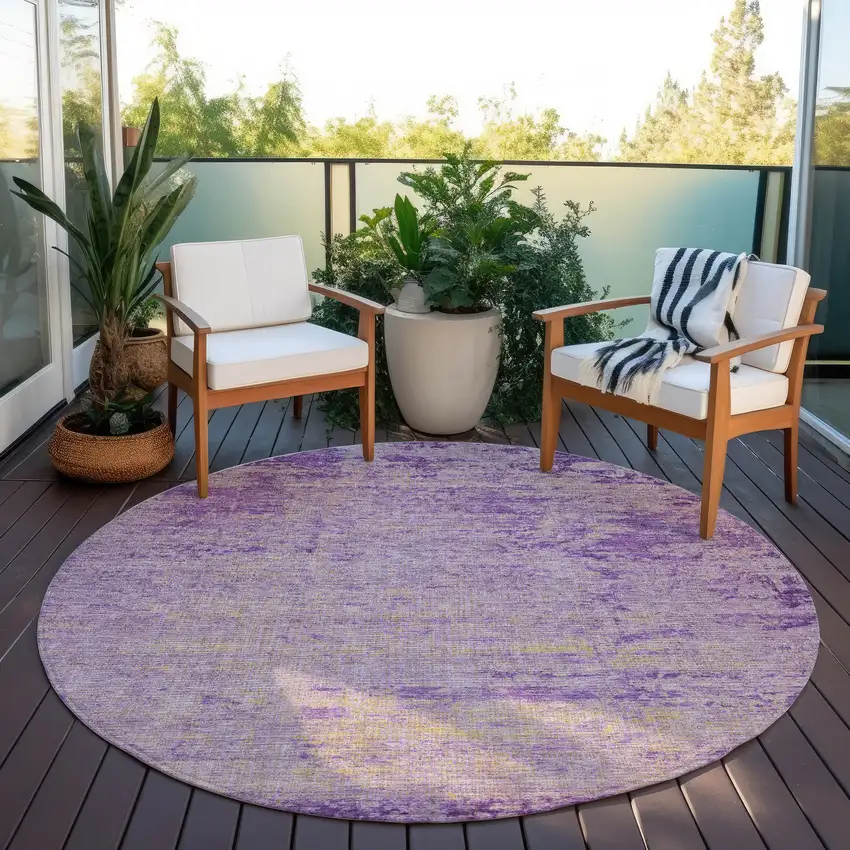 8' Purple And Beige Round Abstract Washable Indoor Outdoor Area Rug Photo 5