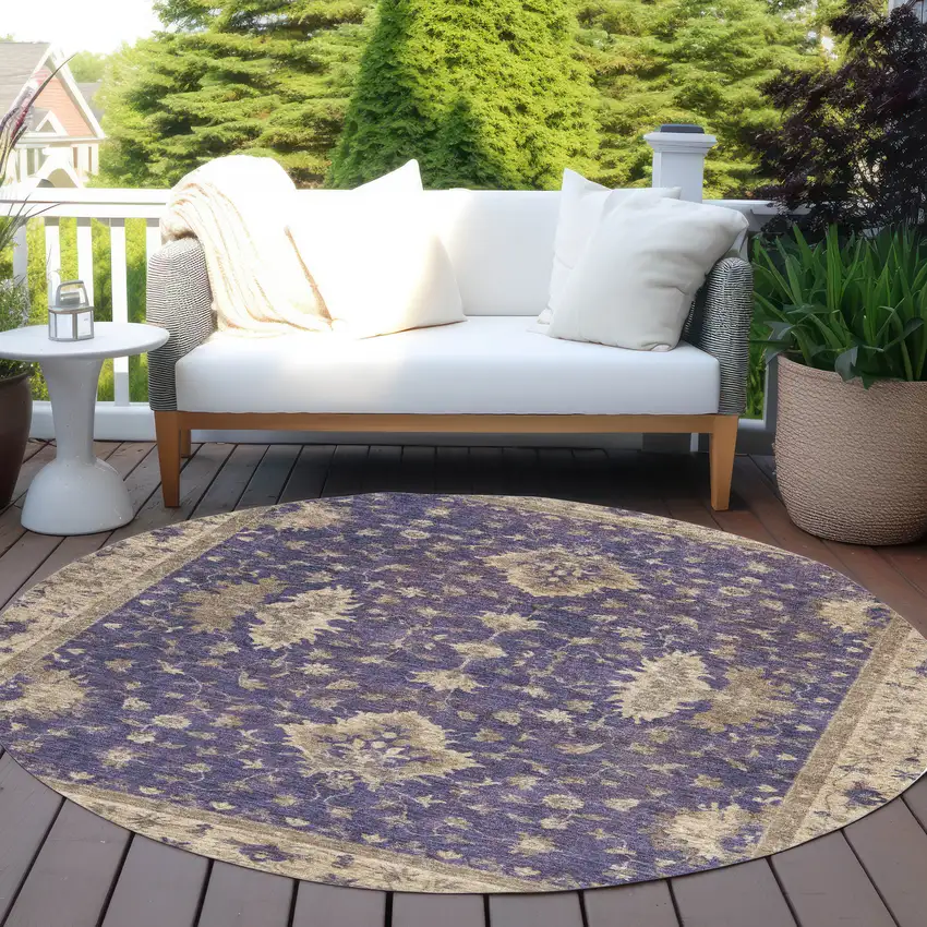 8' Purple And Beige Round Floral Washable Indoor Outdoor Area Rug Photo 5