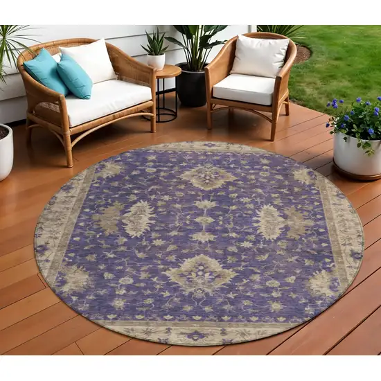 8' Purple And Beige Round Floral Washable Indoor Outdoor Area Rug Photo 2