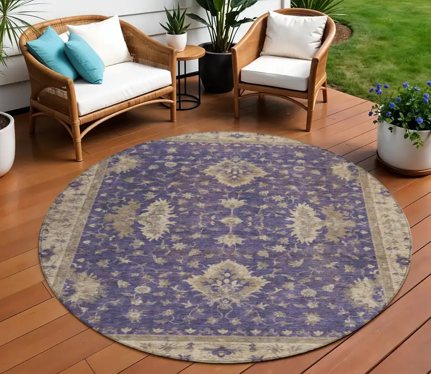 8' Purple And Beige Round Floral Washable Indoor Outdoor Area Rug Photo 2