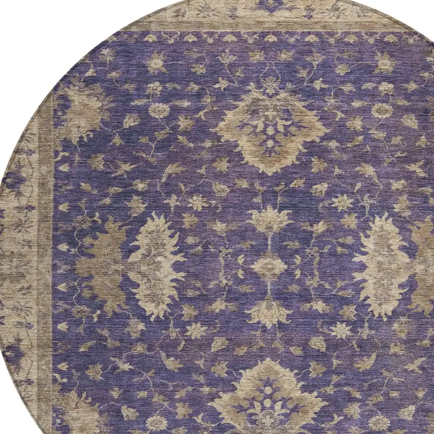 8' Purple And Beige Round Floral Washable Indoor Outdoor Area Rug Photo 8