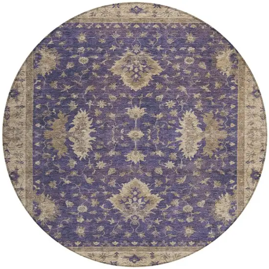 8' Purple And Beige Round Floral Washable Indoor Outdoor Area Rug Photo 4