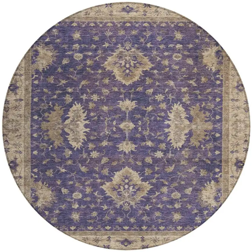8' Purple And Beige Round Floral Washable Indoor Outdoor Area Rug Photo 4