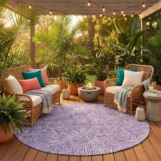 8' Purple And Beige Round Geometric Washable Indoor Outdoor Area Rug Photo 1