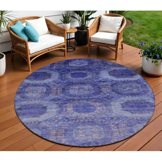 8' Purple And Beige Round Medallion Washable Indoor Outdoor Area Rug Photo 2