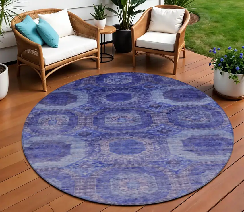 8' Purple And Beige Round Medallion Washable Indoor Outdoor Area Rug Photo 2