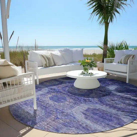 8' Purple And Beige Round Medallion Washable Indoor Outdoor Area Rug Photo 5