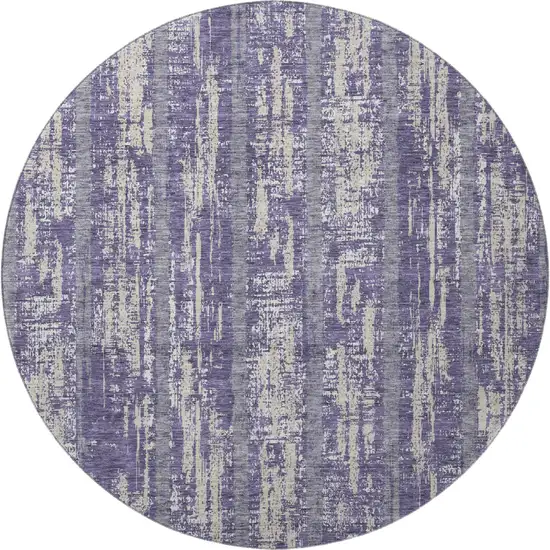 8' Purple And Beige Striped Washable Round Rug With UV Protection Photo 4