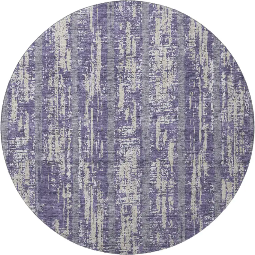 8' Purple And Beige Striped Washable Round Rug With UV Protection Photo 4