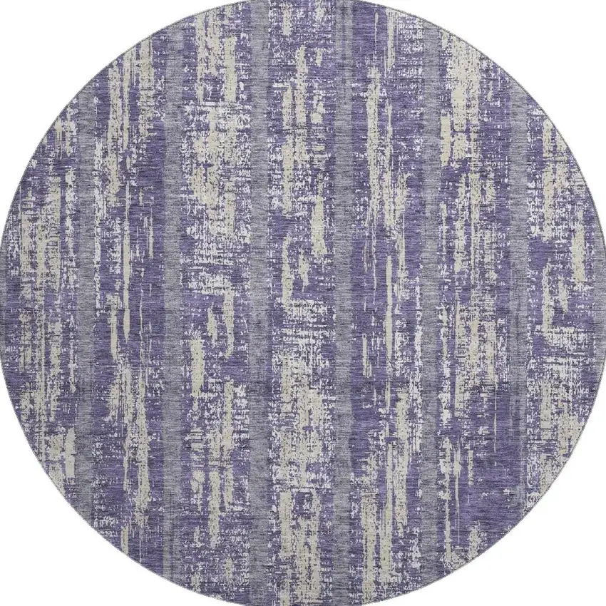 8' Purple And Beige Striped Washable Round Rug With UV Protection Photo 3