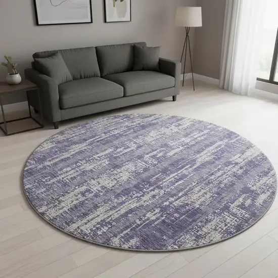 8' Purple And Beige Striped Washable Round Rug With UV Protection Photo 2