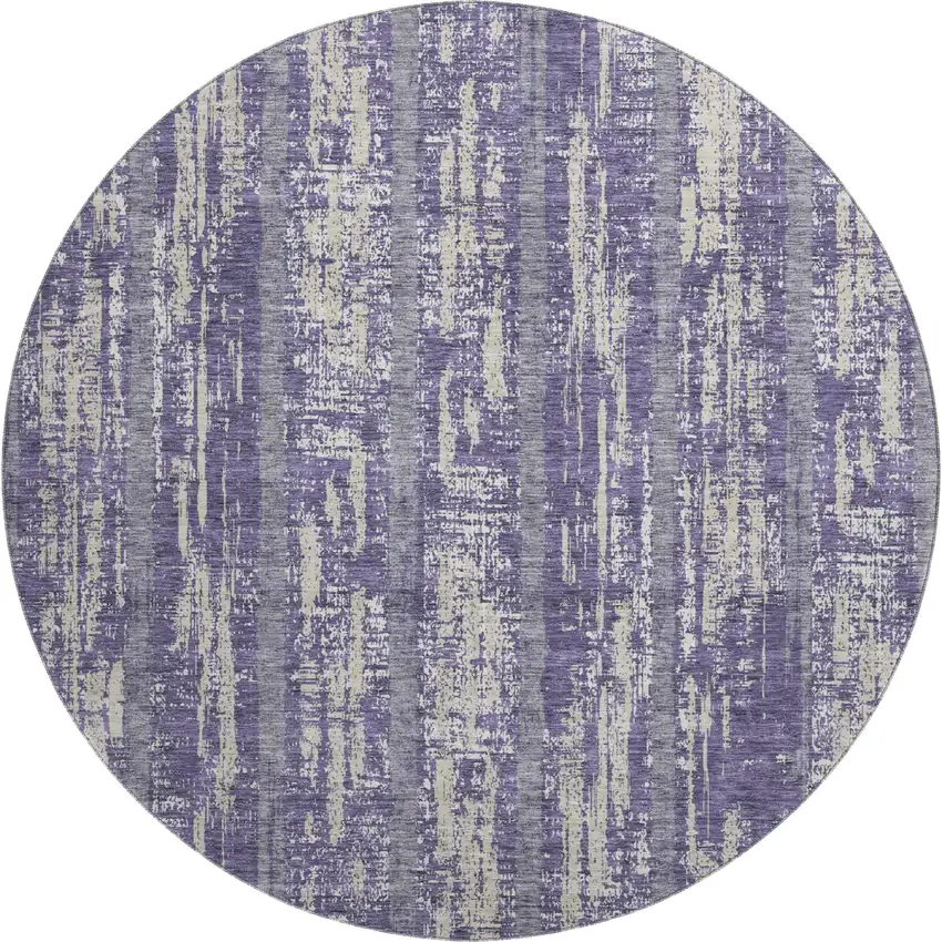 8' Purple And Beige Striped Washable Round Rug With UV Protection Photo 1
