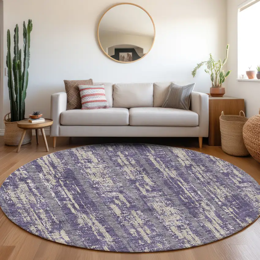 8' Purple And Beige Striped Washable Round Rug With UV Protection Photo 5