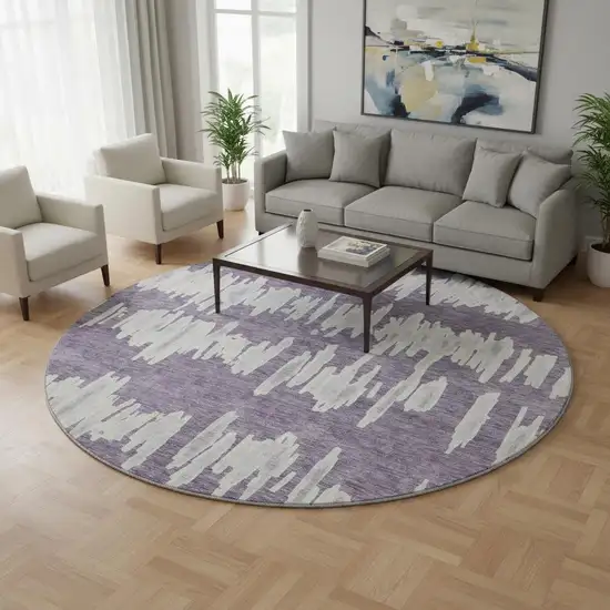 8' Purple And Beige Striped Washable Round Rug With UV Protection Photo 2
