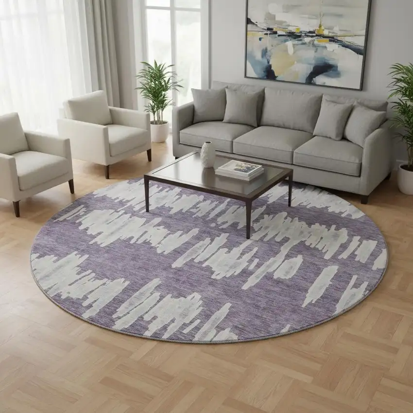 8' Purple And Beige Striped Washable Round Rug With UV Protection Photo 2