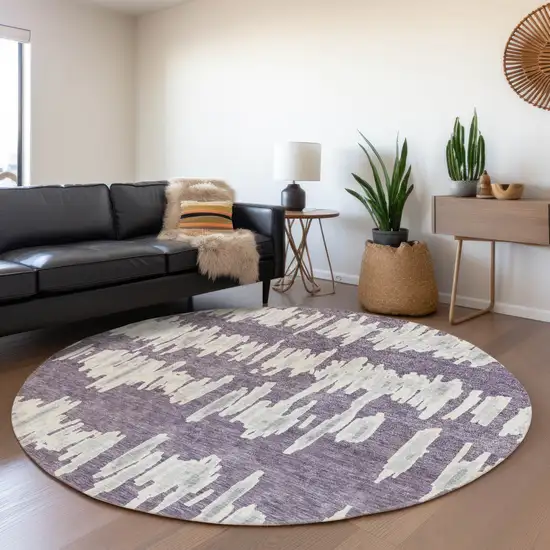 8' Purple And Beige Striped Washable Round Rug With UV Protection Photo 5