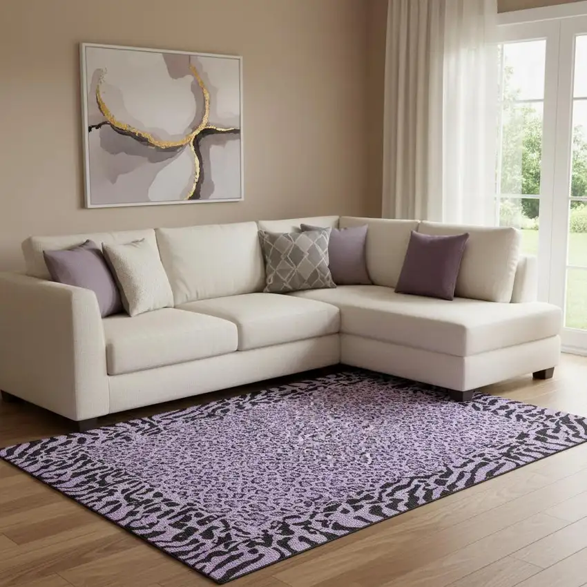 8' Purple And Black Animal Print Washable Area Rug With UV Protection Photo 2