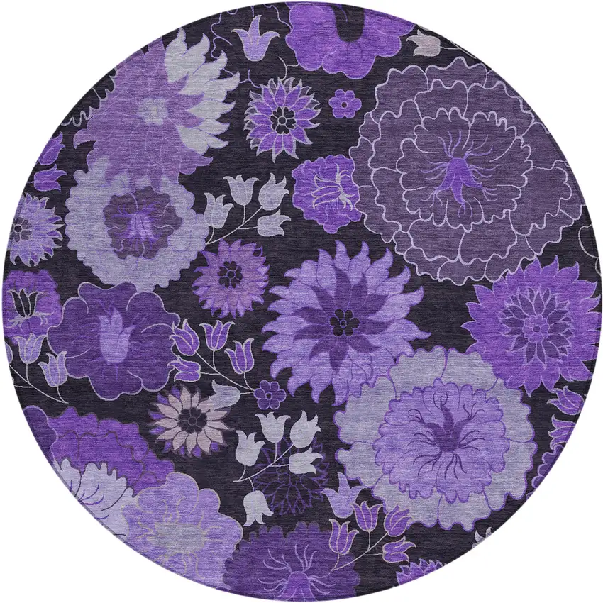 8' Purple And Black Round Floral Washable Indoor Outdoor Area Rug Photo 2