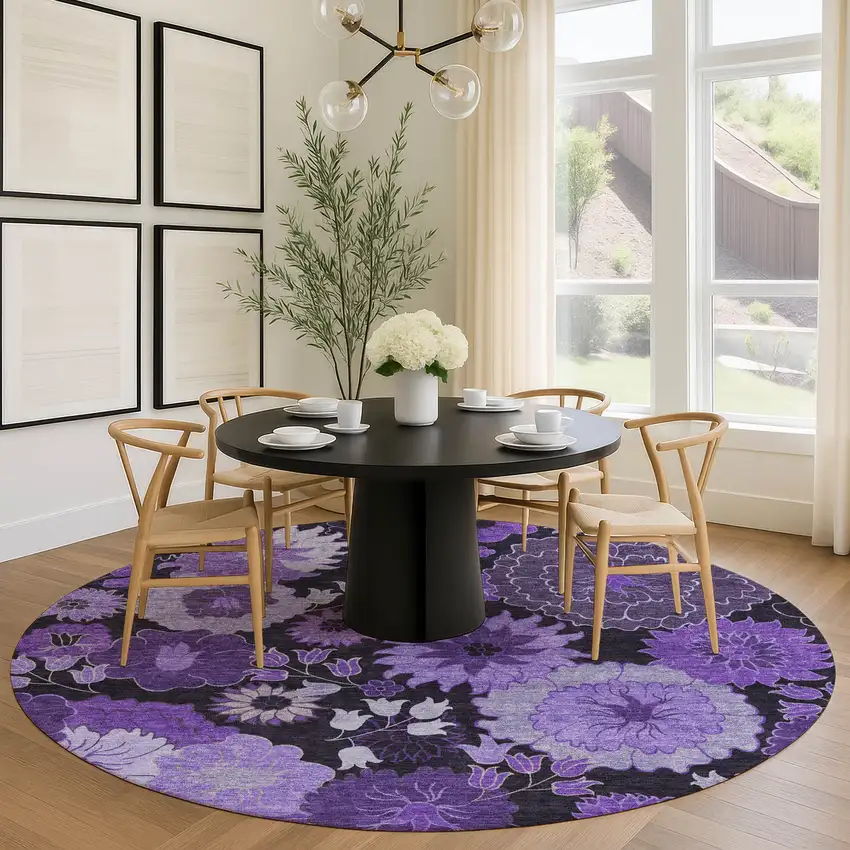 8' Purple And Black Round Floral Washable Indoor Outdoor Area Rug Photo 9