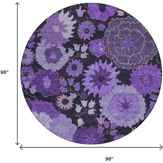 8' Purple And Black Round Floral Washable Indoor Outdoor Area Rug Photo 3