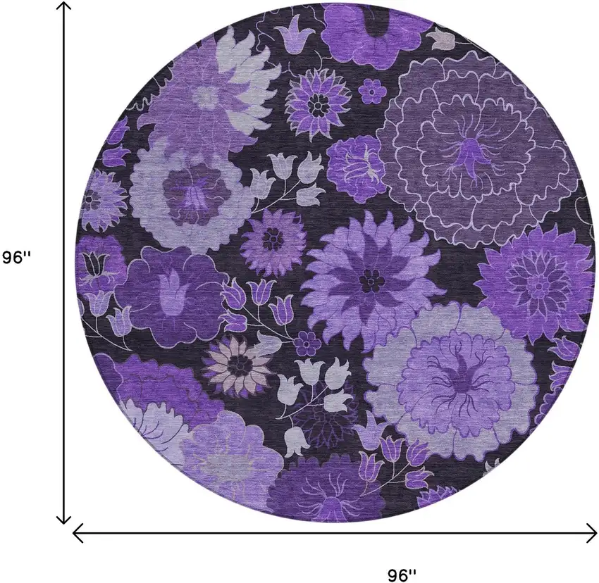 8' Purple And Black Round Floral Washable Indoor Outdoor Area Rug Photo 3