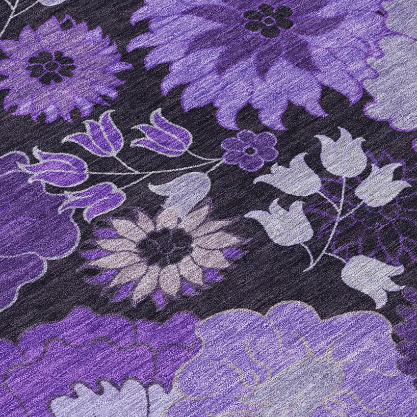8' Purple And Black Round Floral Washable Indoor Outdoor Area Rug Photo 7